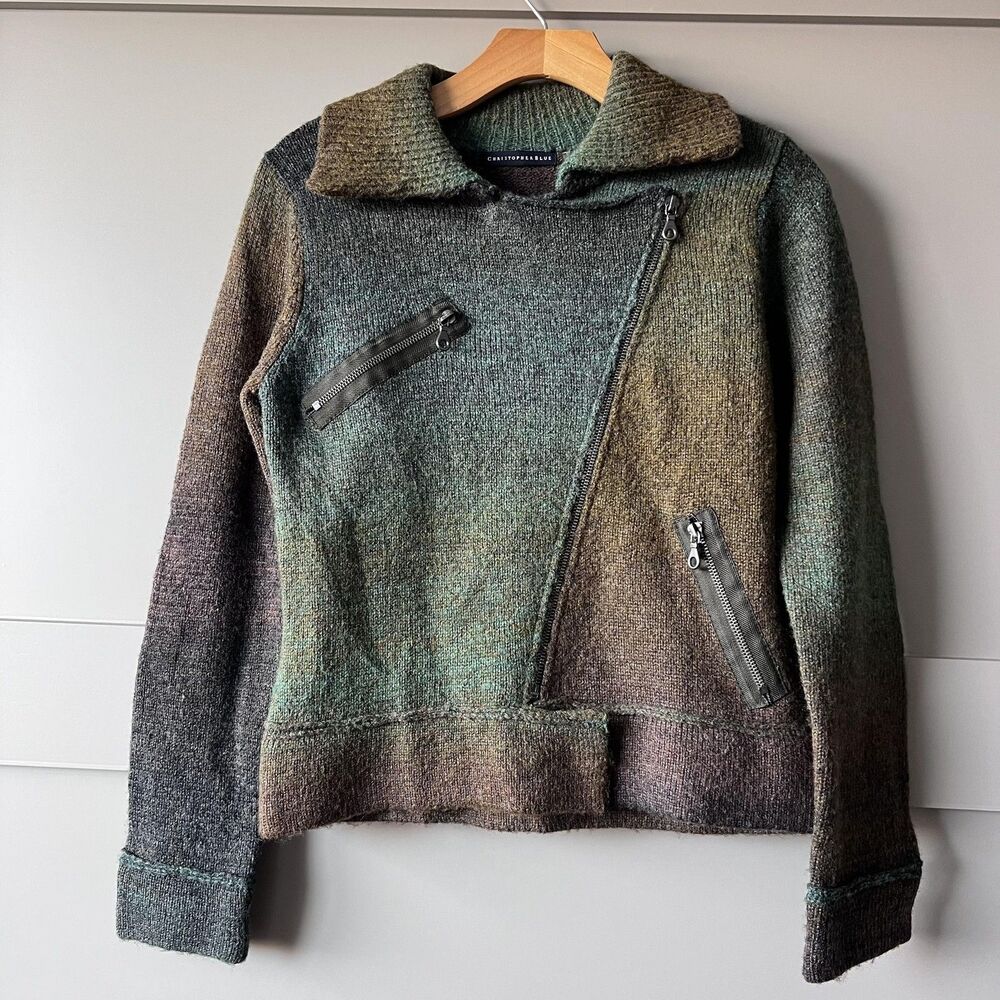Christopher Blue Sweater Womens Small Green Brown Ombre Moto‎ Zip Knit Jacket